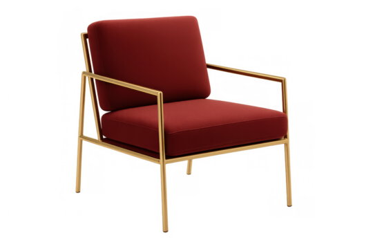 Red fabric armchair with golden frame, modern lounge seat, contemporary furniture object for home and office