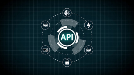 API concept with text and surrounding icons for AI, email, meetings, and lightning bolt on a grid background