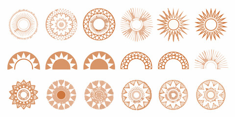 Collection of boho sun and mandala style decorative elements in earthy tones