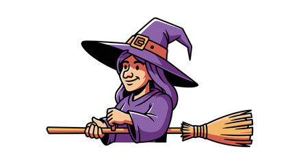 Obraz premium Cartoon illustration of a cheerful witch character with a classic pointed hat on broomstick