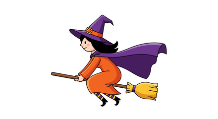 Obraz premium Whimsical Halloween: A cartoon witch joyfully soars through the night sky on her broomstick