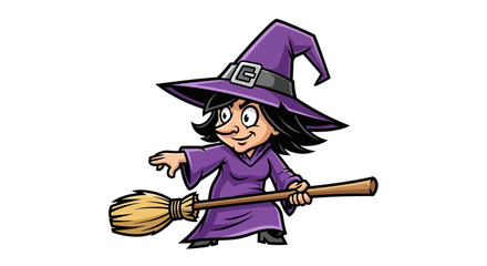 Charming cartoon witch character illustration with traditional attire and broom ready for magical
