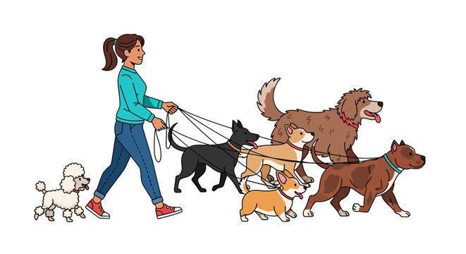 A dedicated dog walker leading a diverse group of canine companions on a bright day adventure