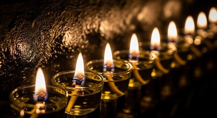 Hanukkah menorah with glowing oil lamps. Jewish holiday celebration, religious tradition. Perfect for Hanukkah greeting cards, event invitations or web banners. 