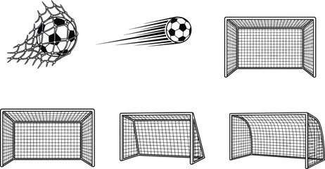 Soccer goal icon set, football net illustrations, ball motion graphics, sports vector symbols, game scoring elements, flat vector illustration © Mehebub Creatives
