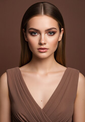 portrait photo of a top model woman with long light brown hair. and fresh natural makeup. She is wearing a chiffon body dress in Mocha Mousse color