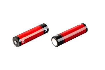Two red and black rechargeable batteries with clear positive and negative symbols are isolated on a white back