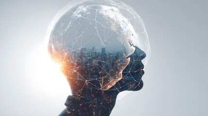 double exposure silhouette of student with holographic globe and data network, futuristic global education concept