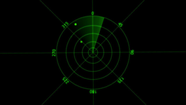 Green radar screen displaying two targets and a sweeping sector on a black background technology detection