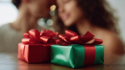 Two gift boxes on a wooden table. the boxes are wrapped in red and green paper with a red ribbon tied in a bow on top. the red box is on the left side of the image and the green box is in the center.