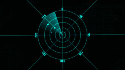 Cyan radar screen with two targets and a sweeping sector on a black background with map dots display
