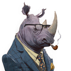 Rhino suit glasses pipe smoke animal art illustration anthropomorphic stylish formal character