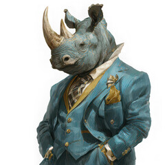 Rhinoceros wearing blue suit anthropomorphic animal art stylish confident surreal modern creative fantasy formal attire unique whimsical portrait