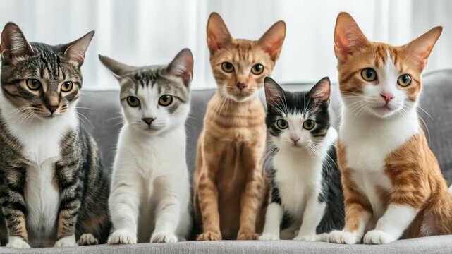 Group of Cute Cats Sitting Calmly on Couch and Looking at Camera