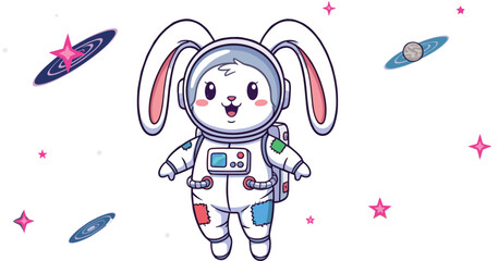 Cute bunny astronaut floating in outer space with stars and planets, adorable space animal illustration, kawaii cosmic adventure art