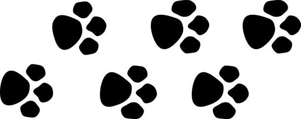 Fototapeta premium Six black paw prints arranged in two rows on a white background
