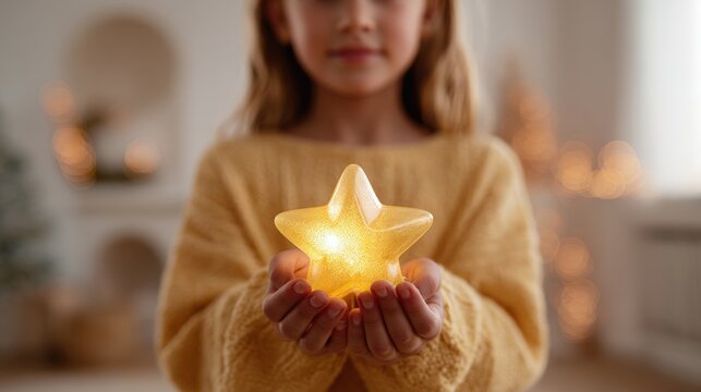 Young girl holding a small, golden star-shaped object in her hands. she is wearing a yellow sweater and has blonde hair.