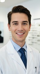 A smiling male optician in a neat attire at an optical shop