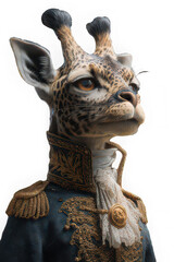 Giraffe wearing ornate military uniform, regal and dignified expression, anthropomorphic animal art, detailed embroidery, fantasy portrait, creative illustration