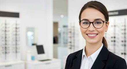 A smiling female optician in a neat outfit at an optical shop