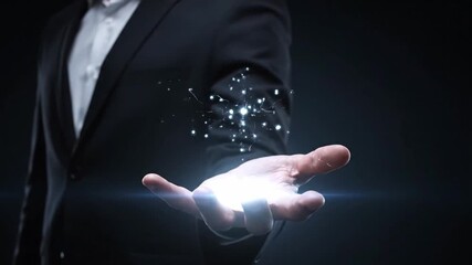 Holographic Large Language Model (LLM) network animating over a person's hand.