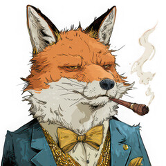 Sophisticated fox wearing suit and bow tie, smoking pipe, exuding confidence and style, anthropomorphic animal art with gold chain and formal attire, vintage illustration