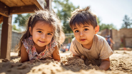 A sister and brother playing in a sandbox at a playground on a warm sunny day, portrait. The girl and boy are having fun together