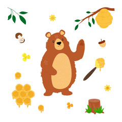 Cute forest animal bear waving paw hand drawn on white background, beehive on tree branch, tree stump, honeycomb, daisies, mushroom, for printing postcards, banners, advertising