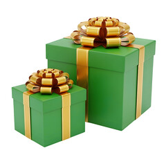 Green Gift Boxes with Golden Ribbons and Bows for Holiday Presents Isolated on White or Transparent Background
