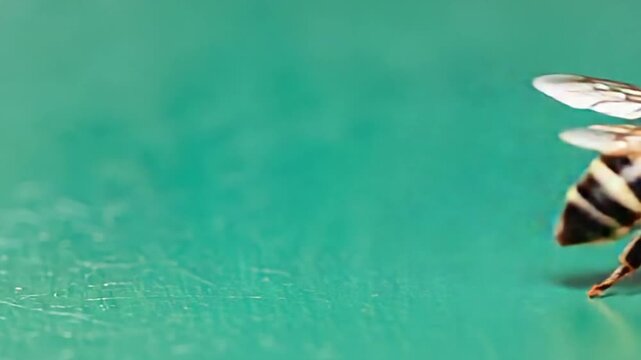 Close up of a honeybee standing on a green surface with its wings slightly extended and a string above bee green screen video