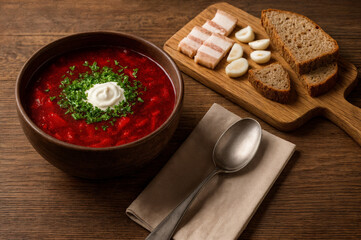 Rustic bowl of beetroot soup with sour cream and herbs