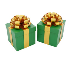 Green Gift Boxes with Golden Ribbons and Bows for Holiday Presents Isolated on White or Transparent Background