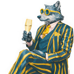 Wolf wearing striped suit yellow sunglasses holding champagne glass sitting confidently anthropomorphic animal art stylish modern humorous creative fashionable relaxed