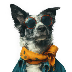 Cool dog wearing sunglasses, orange scarf, and denim jacket, exuding stylish and confident vibe, animal art portrait with playful and trendy expression