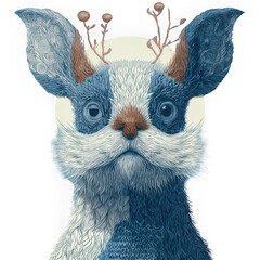 Whimsical animal art with large ears, blue and white fur, expressive eyes, and antler like branches, blending fantasy and nature in playful, imaginative style