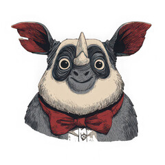 Whimsical animal illustration with large red ears, single horn, and red bow tie, featuring expressive eyes and playful, artistic style