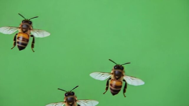 A swarm of honeybees flying in the air against a solid green background in a close up shot bee green screen video