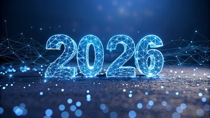 Futuristic 2026 new year design with glowing technology connecting digital dots, envisioning innovation and bright beginnings for the coming year