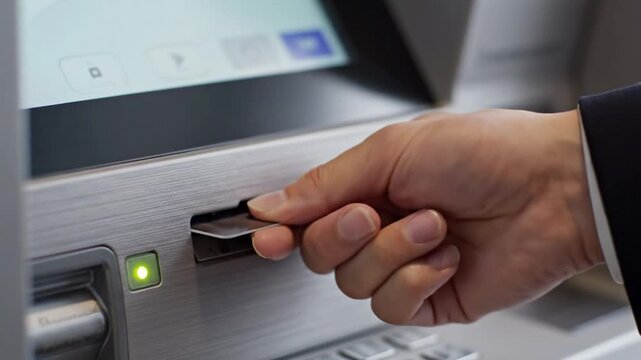 ATM Transaction - Hand Inserting Credit Card for Cash Withdrawal.