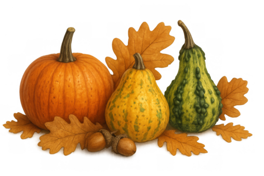 Autumn harvest still life featuring pumpkins, gourds, oak leaves, and acorns, transparent background