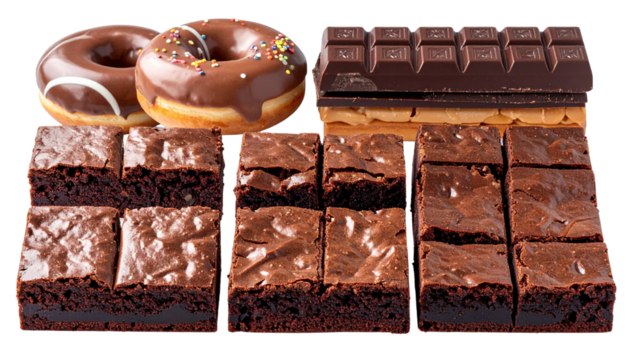 Set of Chocolate Desserts with Bars, Donuts, and Brownies Isolated on Transparent Background PNG
