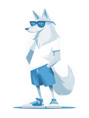 Cool anthropomorphic wolf wearing sunglasses, white t shirt, and blue shorts, standing confidently with hands in pockets, exuding relaxed and stylish vibe, digital art illustration