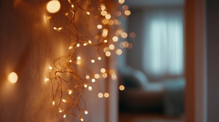 Close-up of a string of small, round lights hanging on a wall. the lights are arranged in a way that they are overlapping each other, creating a bokeh effect.