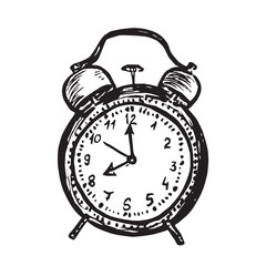 Retro Alarm Clock (Dual bell), front view, doodle black ink drawing, woodcut vector