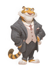 Tiger animal suit pinstripe vest tie confident anthropomorphic standing cartoon art cheerful