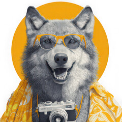 Wolf wearing sunglasses, yellow shirt, and holding camera, cheerful expression, yellow circle background, anthropomorphic animal art, modern style