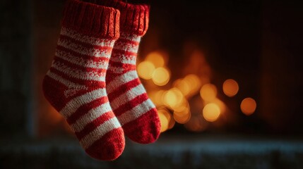 Pair of red and white striped socks hanging from a string in front of a fireplace. the socks appear to be made of a soft, knitted material and have a ribbed cuff.