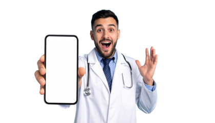 Doctor excitedly presenting a blank mobile phone screen. He has stethoscope around his neck, looking thrilled