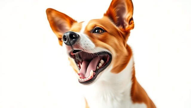 basenji. Adorable basenji dog with brown and white fur, joyfully posing against a white backdrop. wildlife magazines, conservation campaigns, designed for eco-tourism storytelling.