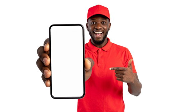 An individual in a red uniform joyfully pointing towards a mobile phone, emphasizing its features